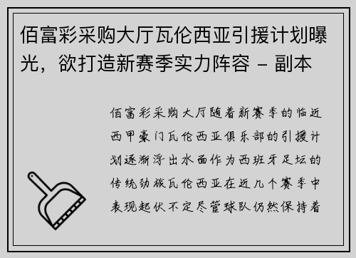 佰富彩采购大厅瓦伦西亚引援计划曝光，欲打造新赛季实力阵容 - 副本