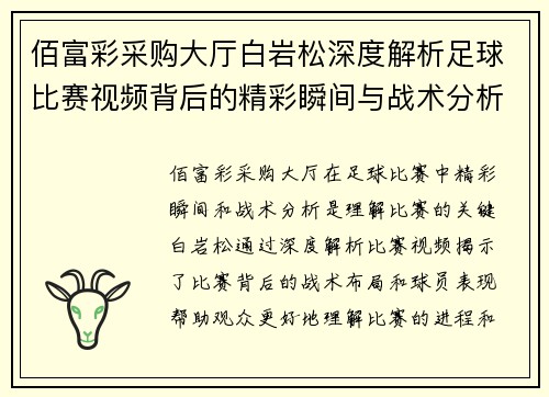 佰富彩采购大厅白岩松深度解析足球比赛视频背后的精彩瞬间与战术分析